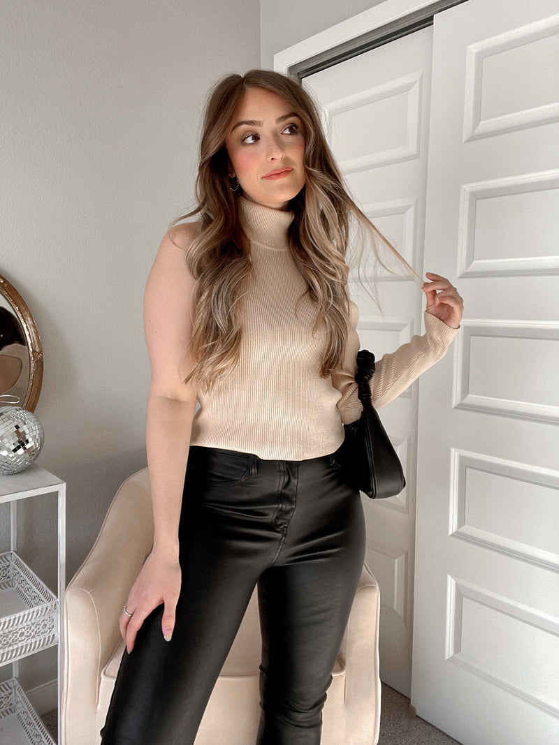 First Impressions One Shoulder Ribbed Turtleneck Sweater (Taupe) | La Belle Boutique: Neutral Women's Online Clothing Boutique