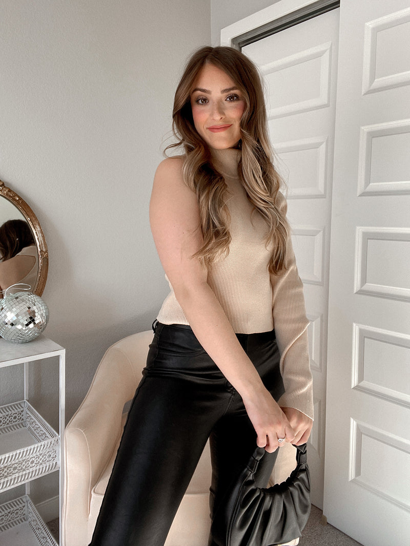 First Impressions One Shoulder Ribbed Turtleneck Sweater (Taupe) | La Belle Boutique: Neutral Women's Online Clothing Boutique