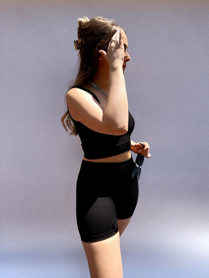 Harper Seamless Ribbed Biker Short Set (Black) | La Belle Boutique: Neutral Online Women's Clothing Boutique
