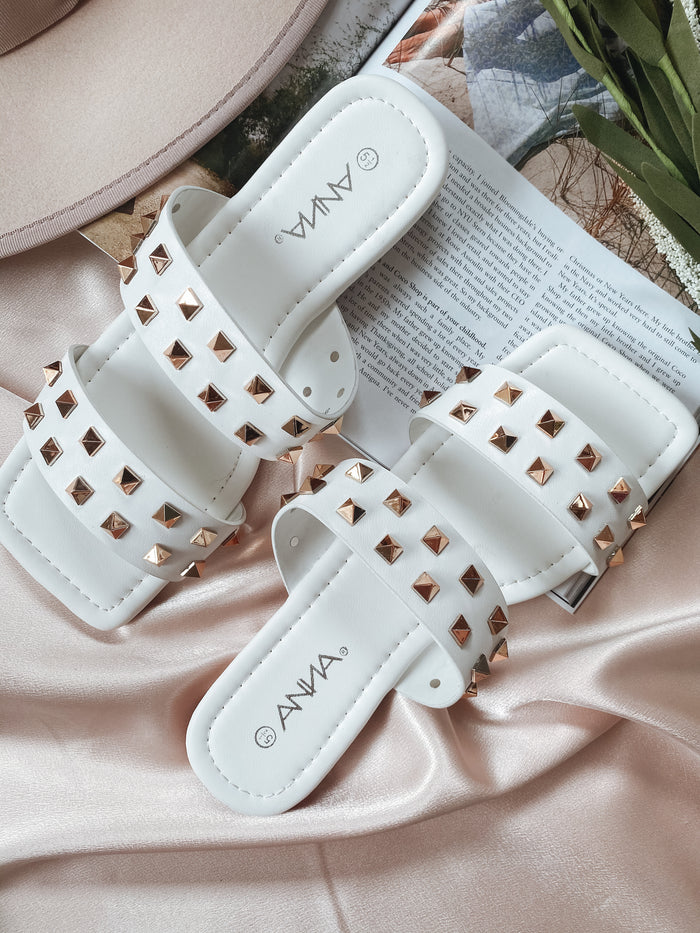 White Studded Square Toe Sandals