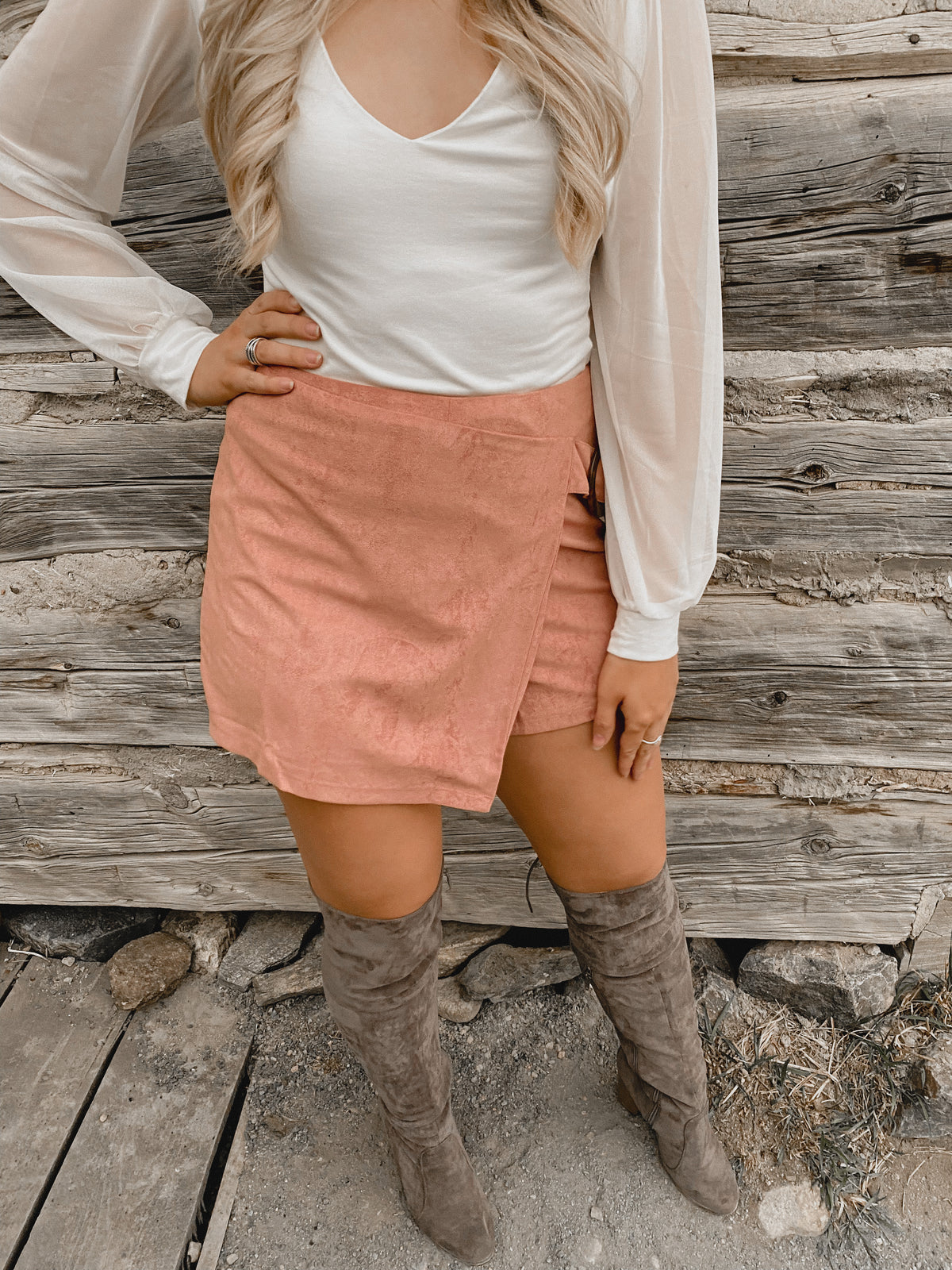 The XOXO Faux Suede Wrap Mini Skort (Mauve)