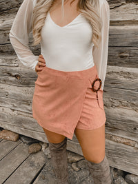 The XOXO Faux Suede Wrap Mini Skort (Mauve)