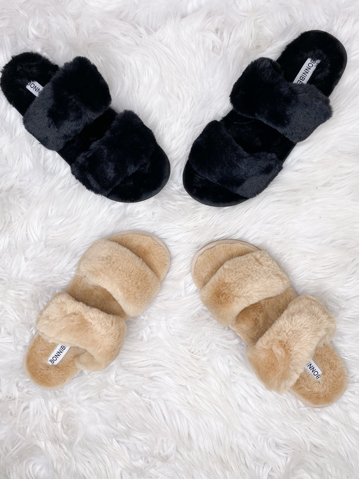 Fluff Off Double Strap Fur Slippers (Camel)
