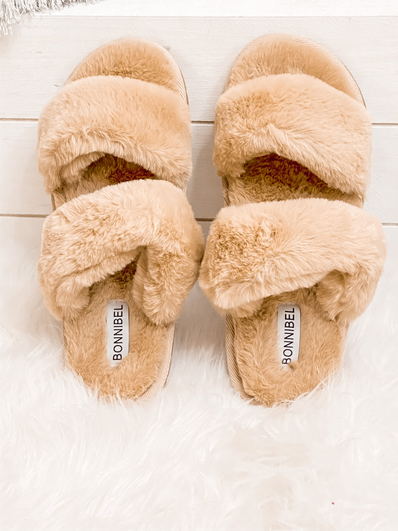 Fluff Off Double Strap Fur Slippers (Camel)