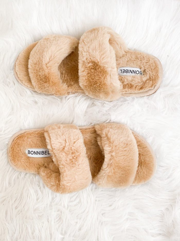 Fluff Off Double Strap Fur Slippers (Camel)