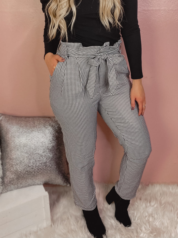 Let's Talk Business Houndstooth High-Waisted Trousers (Ivory/Black)