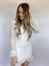 Lovestruck Long Sleeve Ruched Mini Dress (Ivory) | La Belle Boutique: Neutral Women's Clothing Boutique