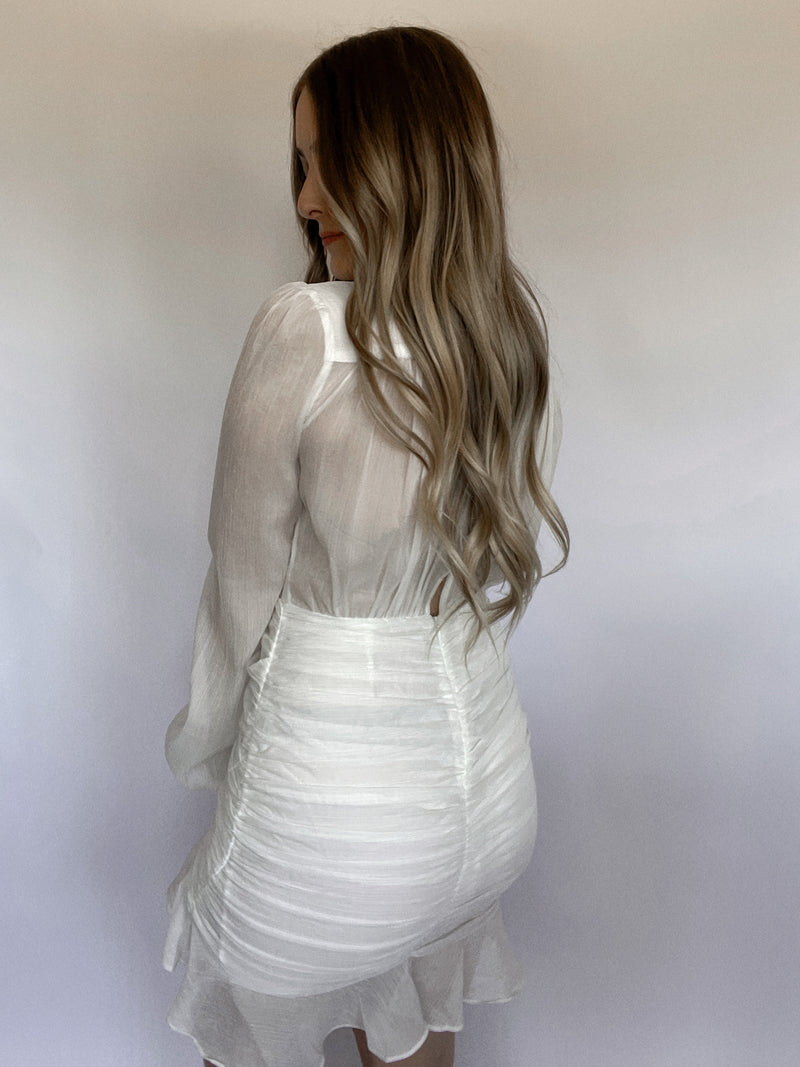 Lovestruck Long Sleeve Ruched Mini Dress (Ivory) | La Belle Boutique: Neutral Women's Clothing Boutique