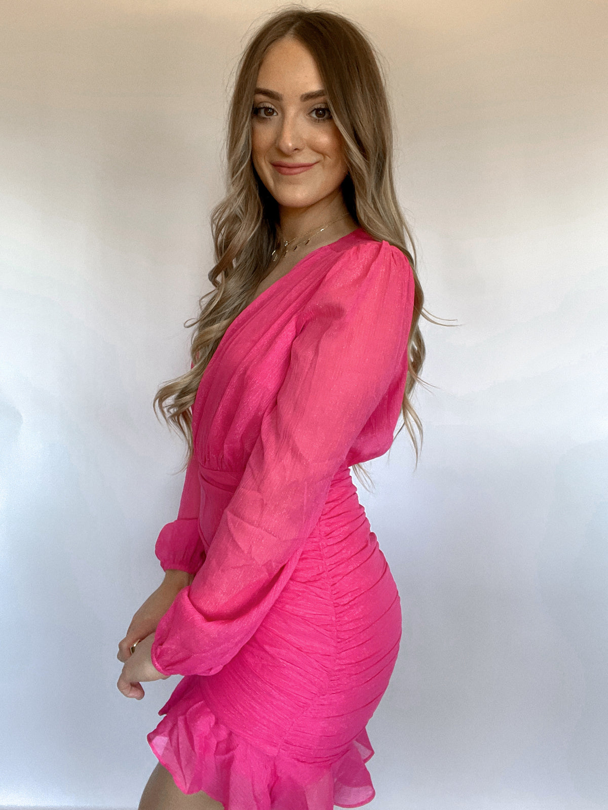 Lovestruck Long Sleeve Ruched Mini Dress (Pink) Small Lovestruck Long Sleeve Ruched Mini Dress (Pink) Small