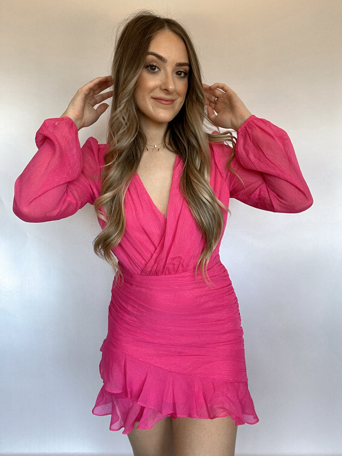 Lovestruck Long Sleeve Ruched Mini Dress (Pink) | La Belle Boutique: Neutral Women's Clothing Boutique