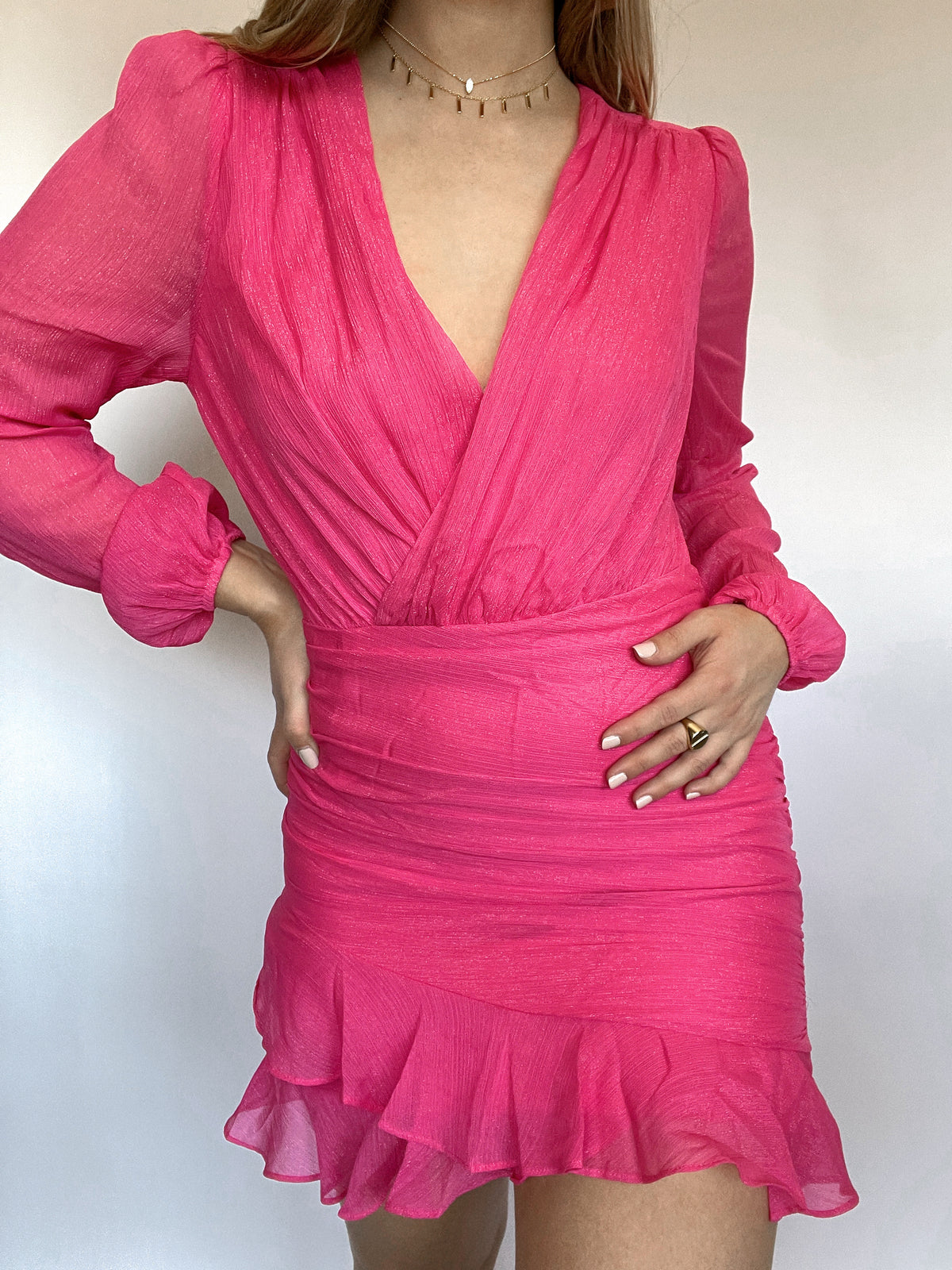 Lovestruck Long Sleeve Ruched Mini Dress (Pink) | La Belle Boutique: Neutral Women's Clothing Boutique