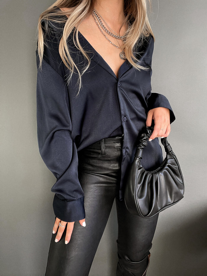 Penelope Satin Button Down Blouse (Midnight) | La Belle Boutique: Neutral Women's Online Clothing Boutique