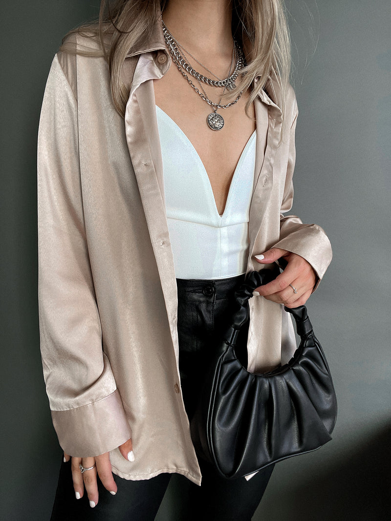 Penelope Satin Button Down Blouse (Nude) | La Belle Boutique: Neutral Women's Online Clothing Boutique
