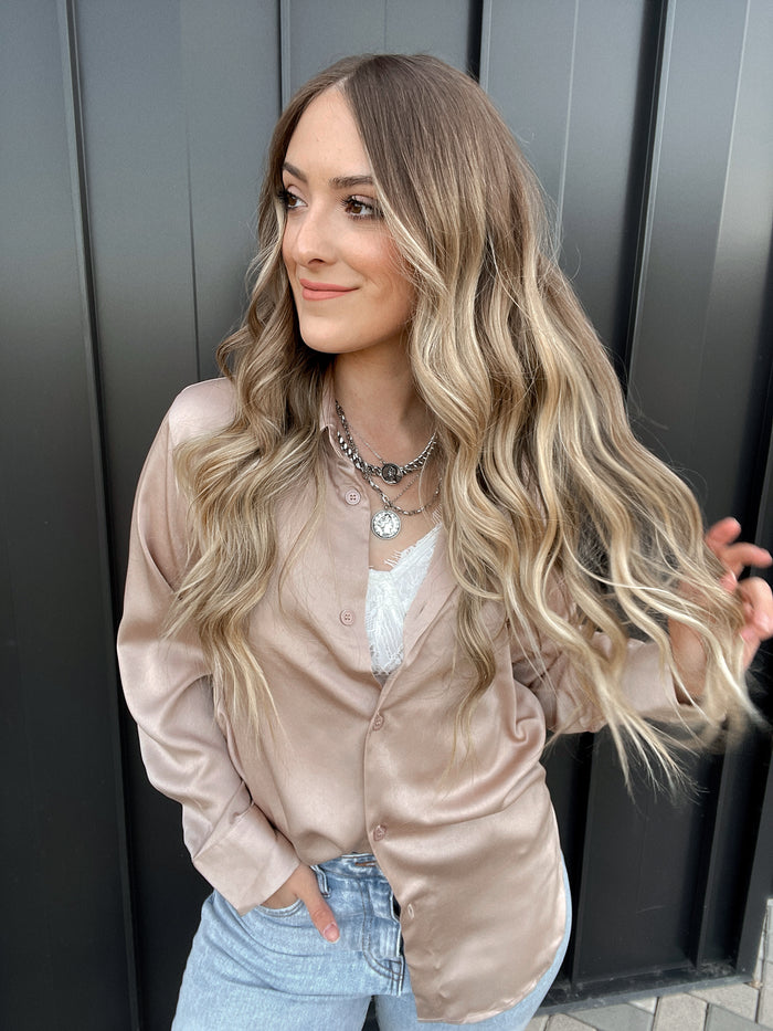 Penelope Satin Button Down Blouse (Nude) | La Belle Boutique: Trendy Women's Online Clothing Boutique