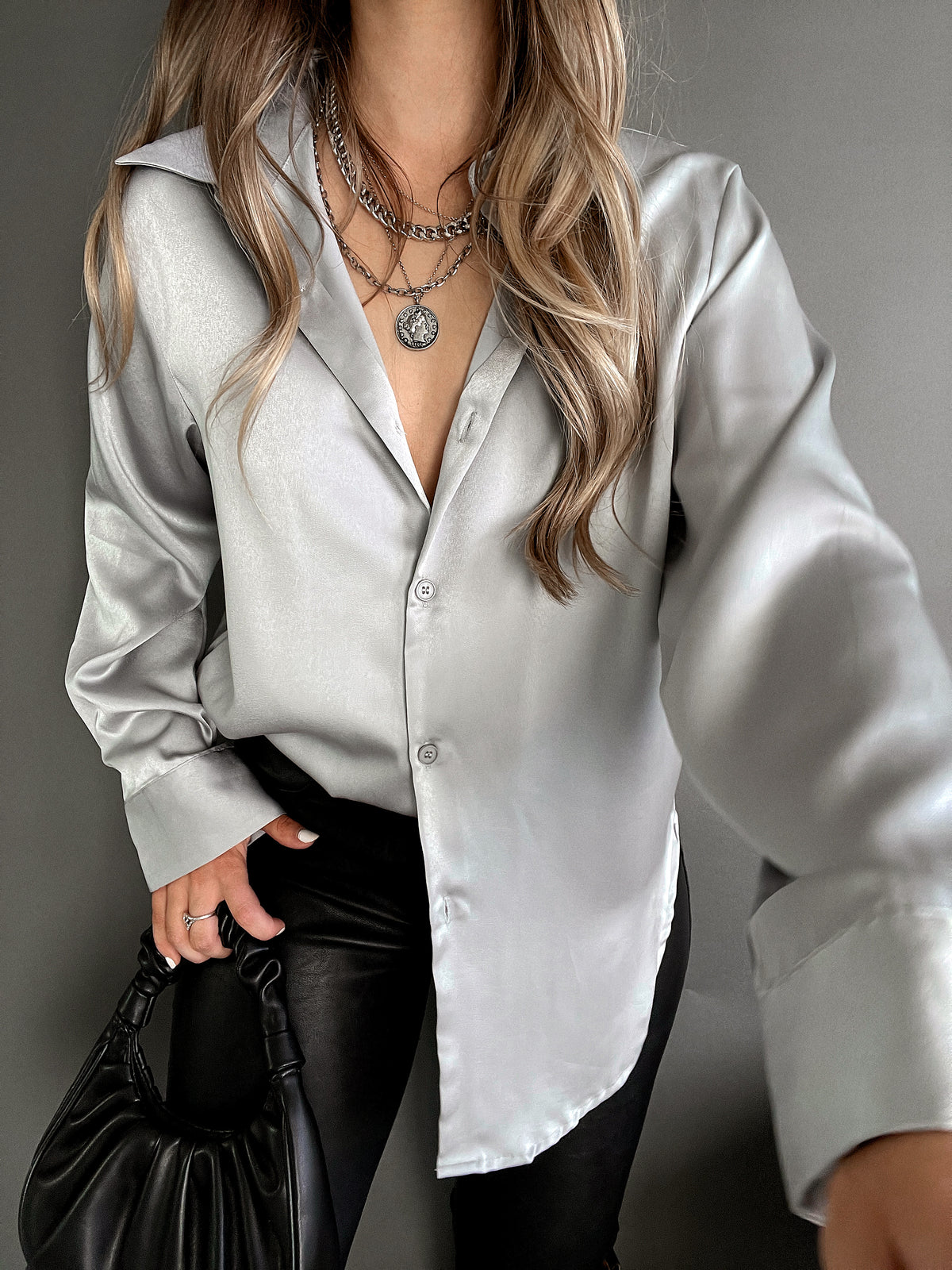 Penelope Satin Button Down Blouse (Silver) | La Belle Boutique: Neutral Women's Online Clothing Boutique