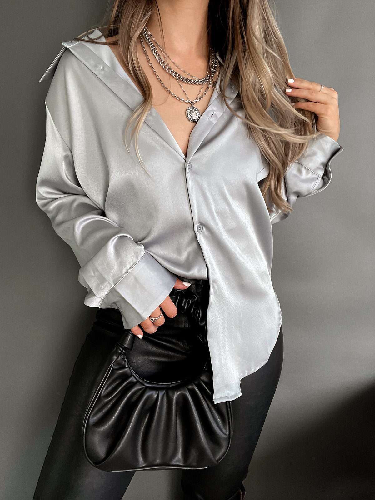 Penelope Satin Button Down Blouse (Silver) | La Belle Boutique: Neutral Women's Online Clothing Boutique