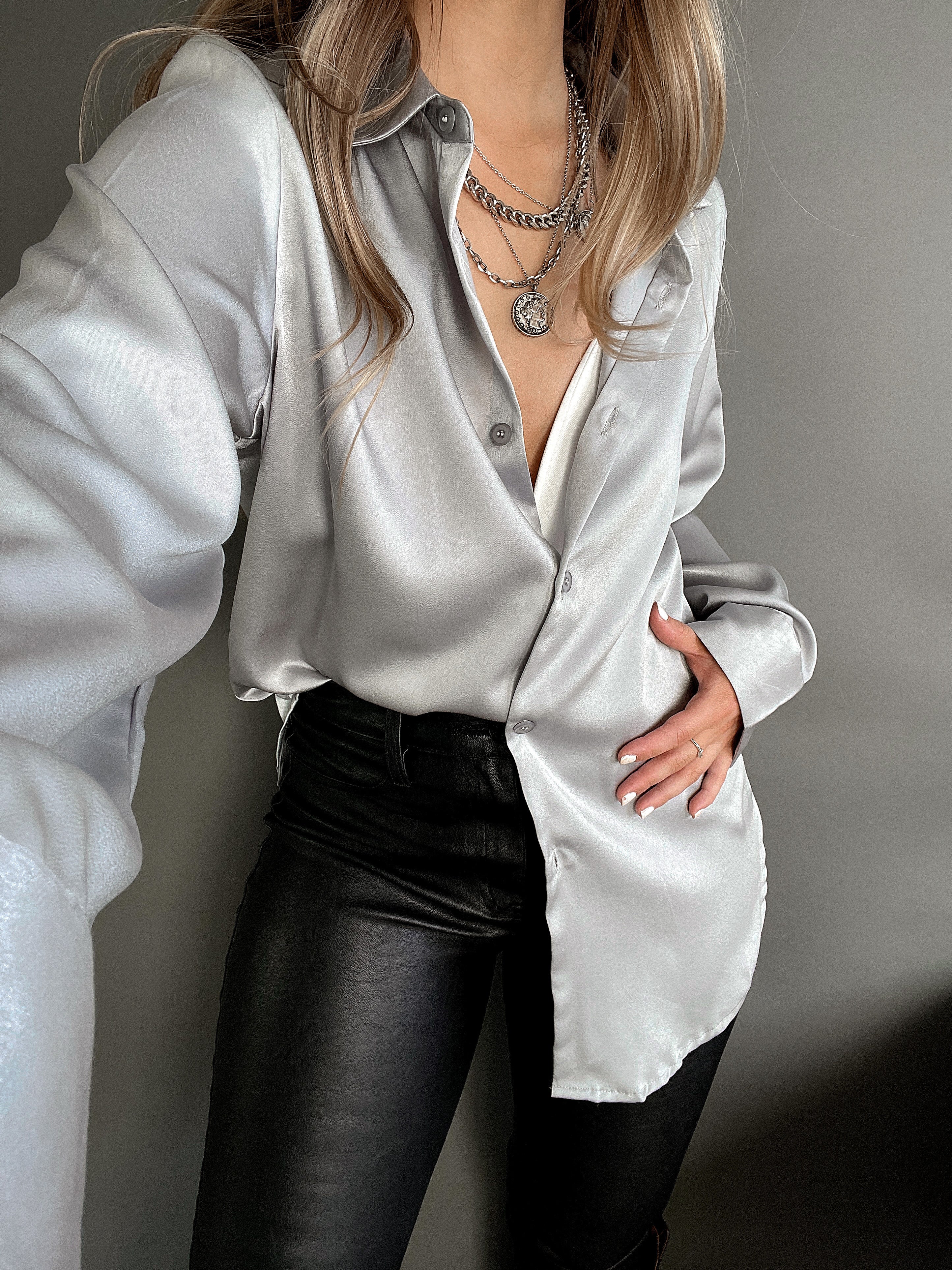 Penelope Satin Button Down Blouse Silver