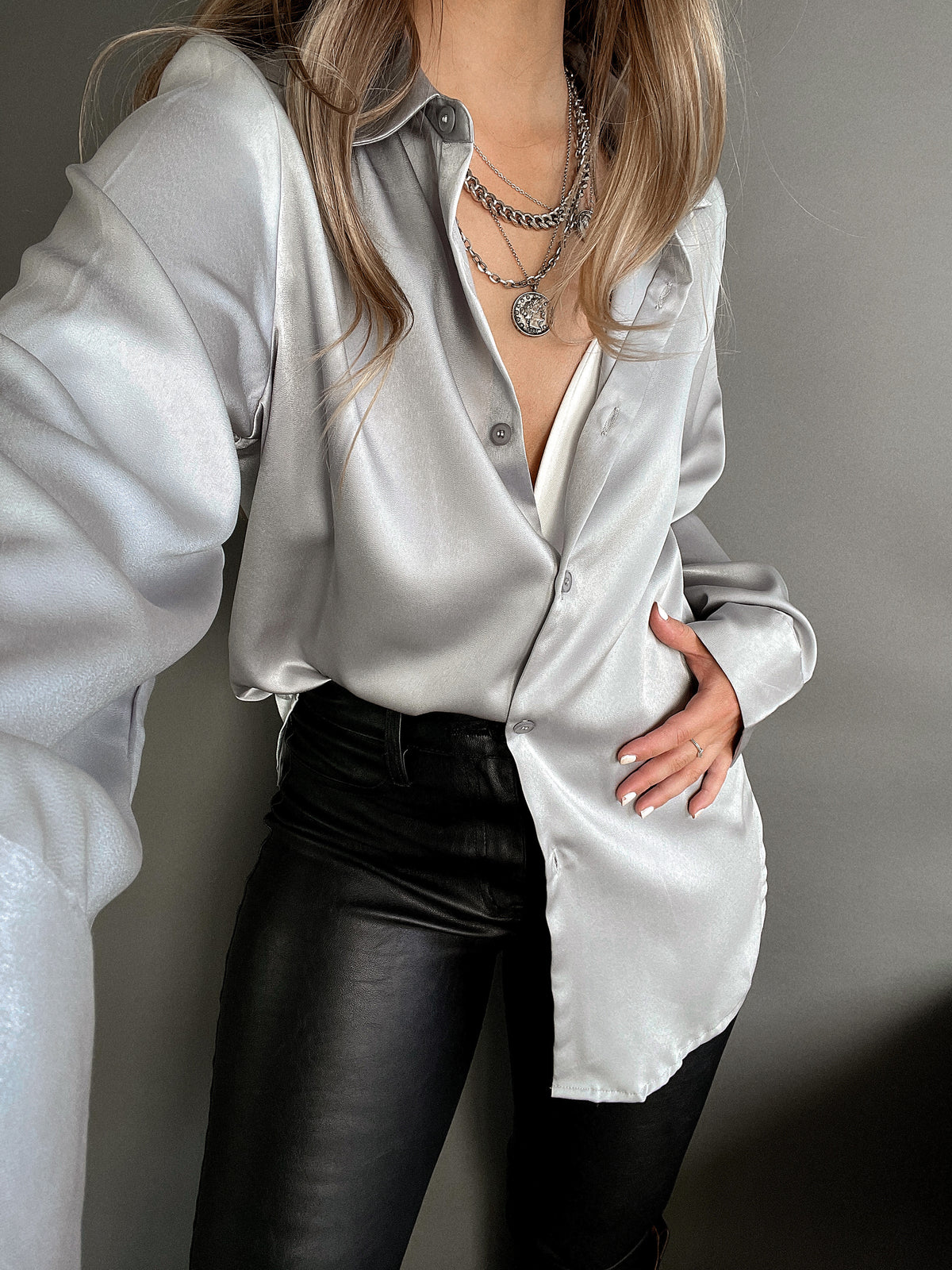 Penelope Satin Button Down Blouse (Silver) - Main Image