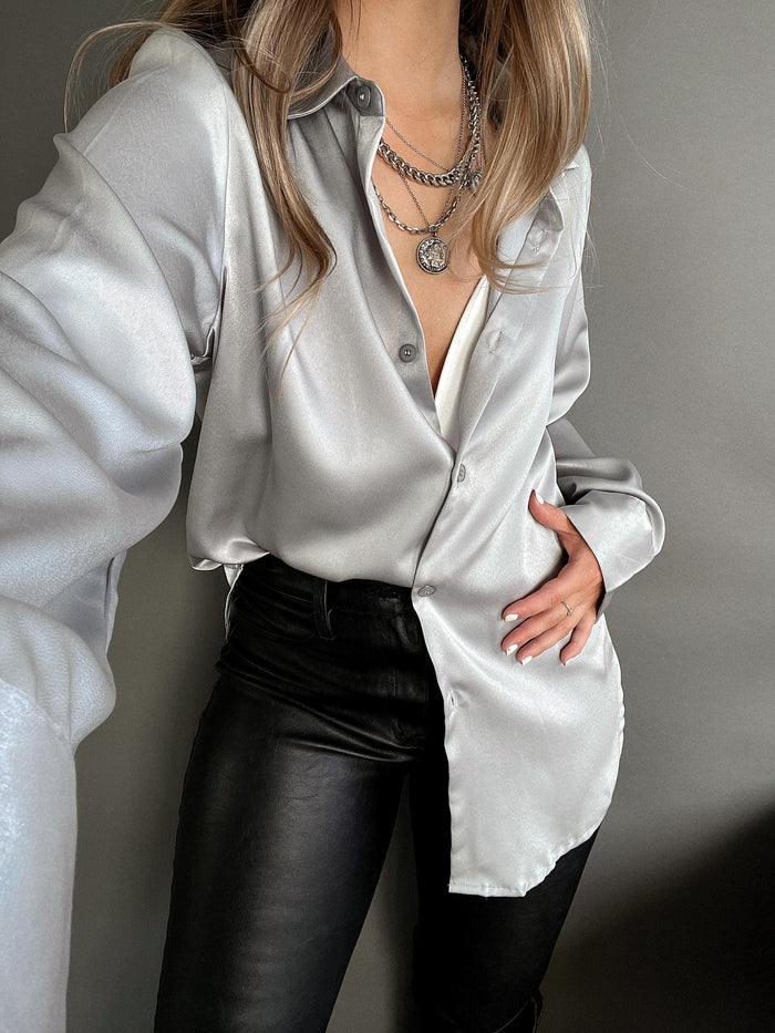 Penelope Satin Button Down Blouse (Silver) - Main Image