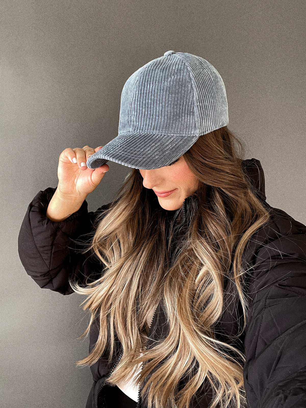 Struck a Chord Corduroy Baseball Cap (Dusty Blue) | La Belle Boutique: Neutral Women's Online Clothing Boutique