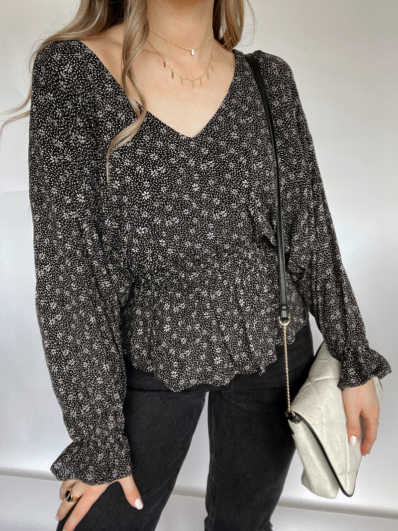 Sweet Nothings Long Sleeve Floral Print Peplum Blouse (Black) | La Belle Boutique: Neutral Women's Clothing Boutique