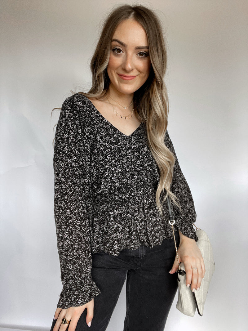 Sweet Nothings Long Sleeve Floral Print Peplum Blouse (Black) | La Belle Boutique: Neutral Women's Clothing Boutique