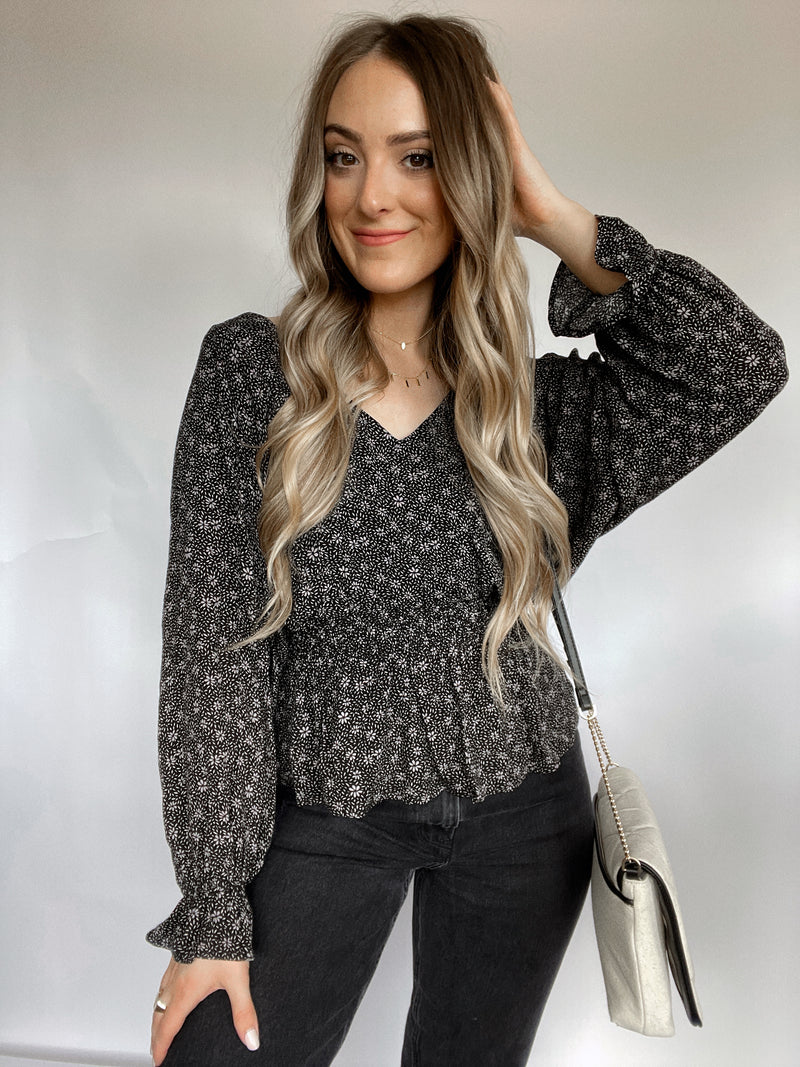 Sweet Nothings Long Sleeve Floral Print Peplum Blouse (Black) | La Belle Boutique: Neutral Women's Clothing Boutique